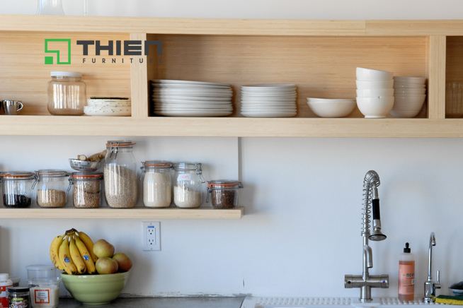 Thiết kế tủ bếp vơi hệ thống kệ nổi