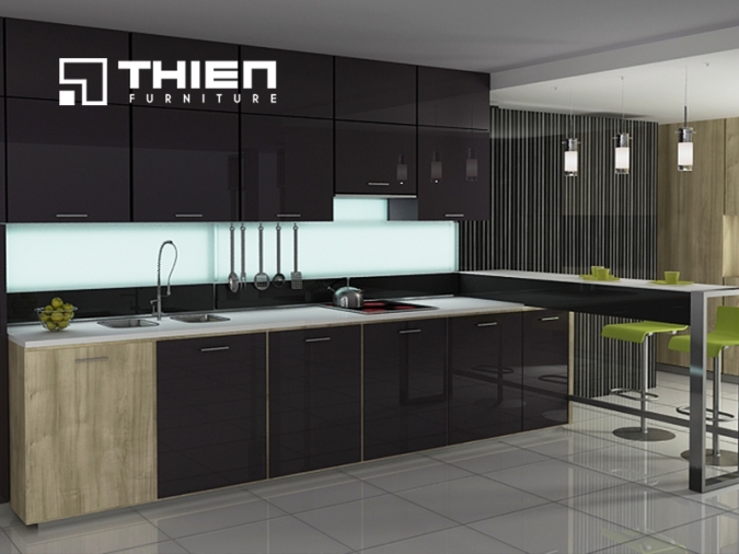 Tủ bếp gỗ nhựa Acrylic màu đen bóng gương
